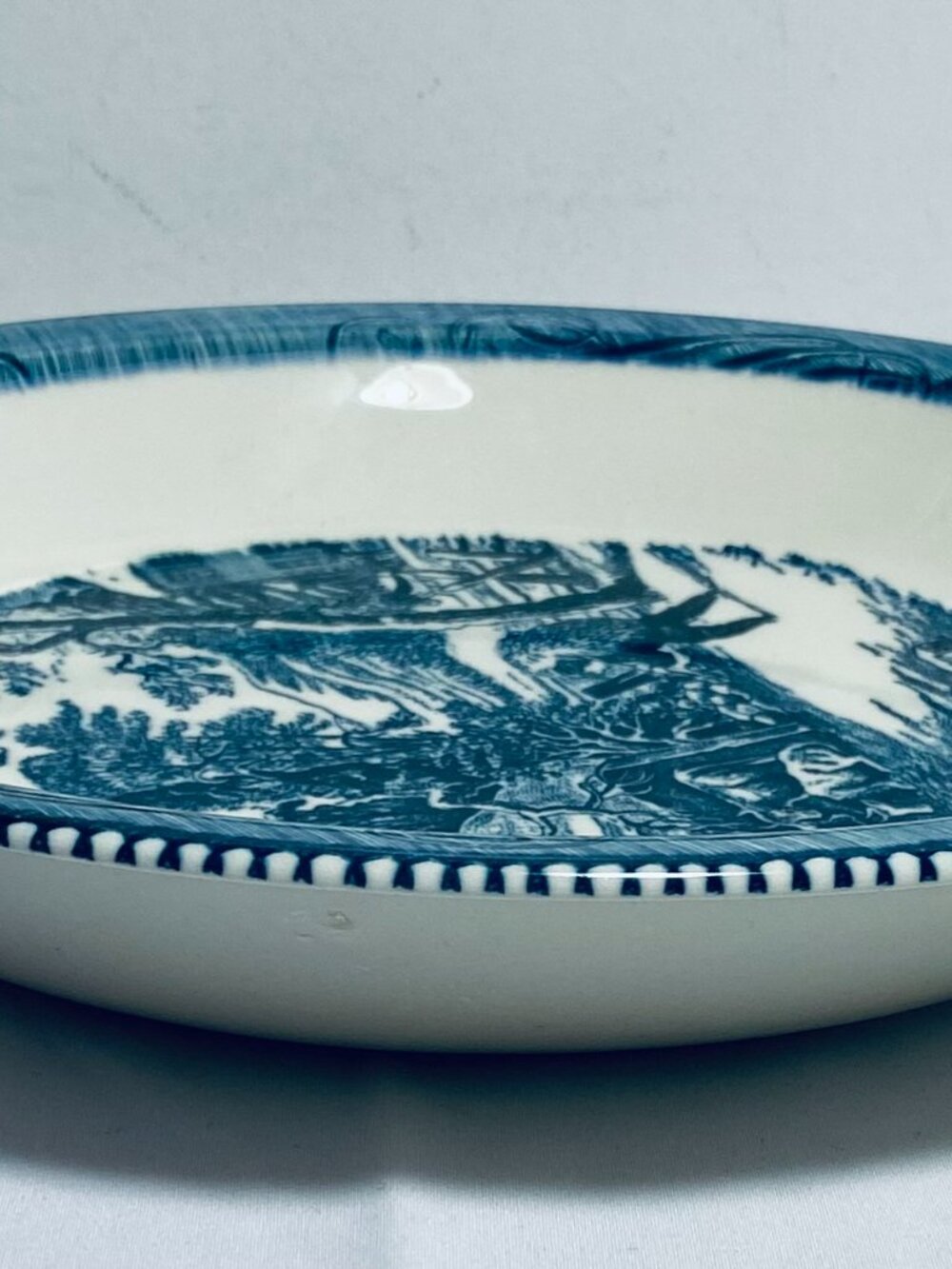VNTG Currier & Ives Royal Blue China 10" Pie Plate "A Snowy Morning" 1950's - Picture 2 of 4